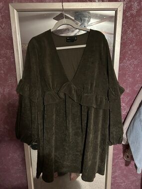 ASOS Curve Olive Green Corduroy Ruffle Mini Dress